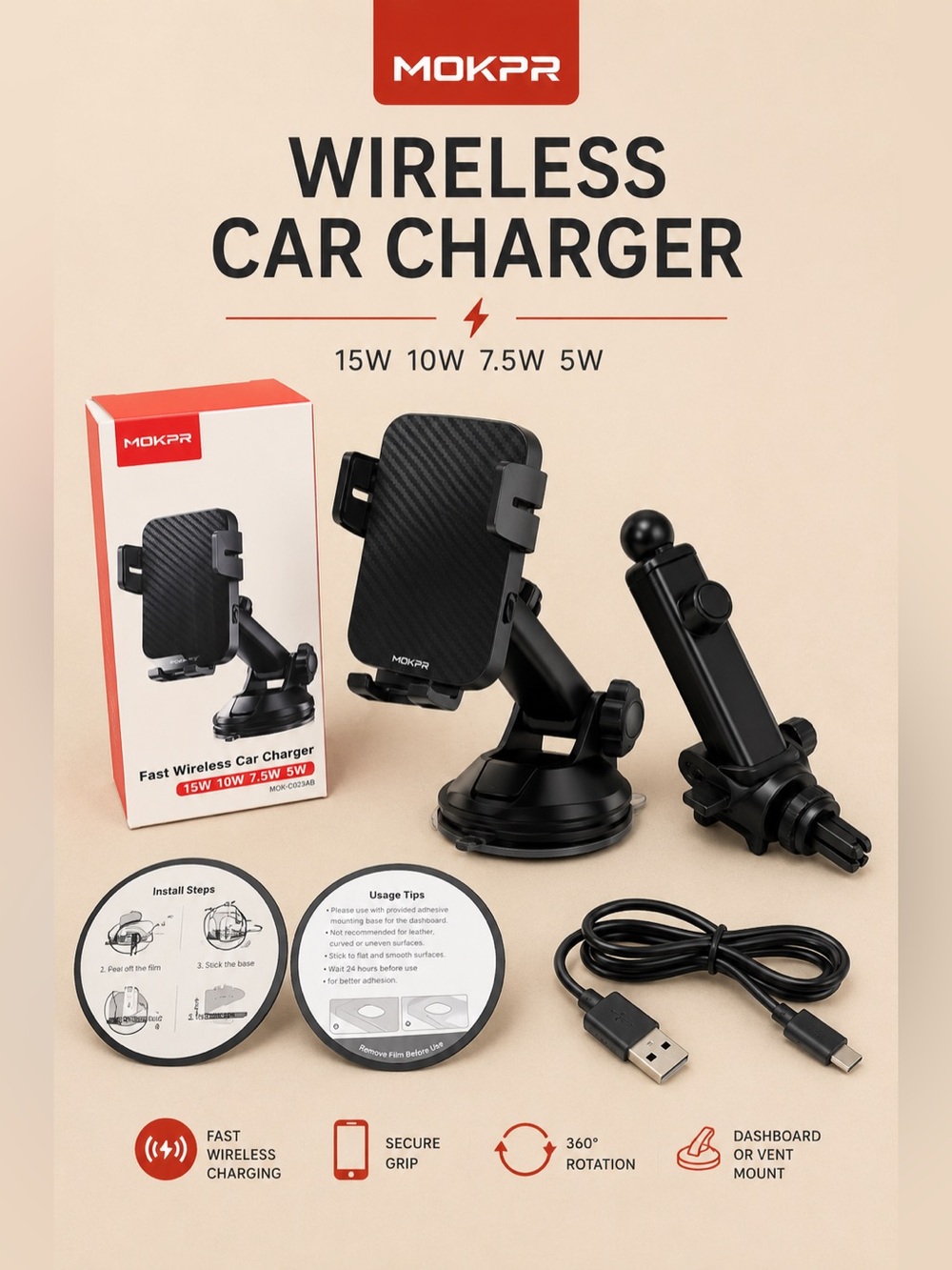 Black Fast Wireless Car Charger Mount
